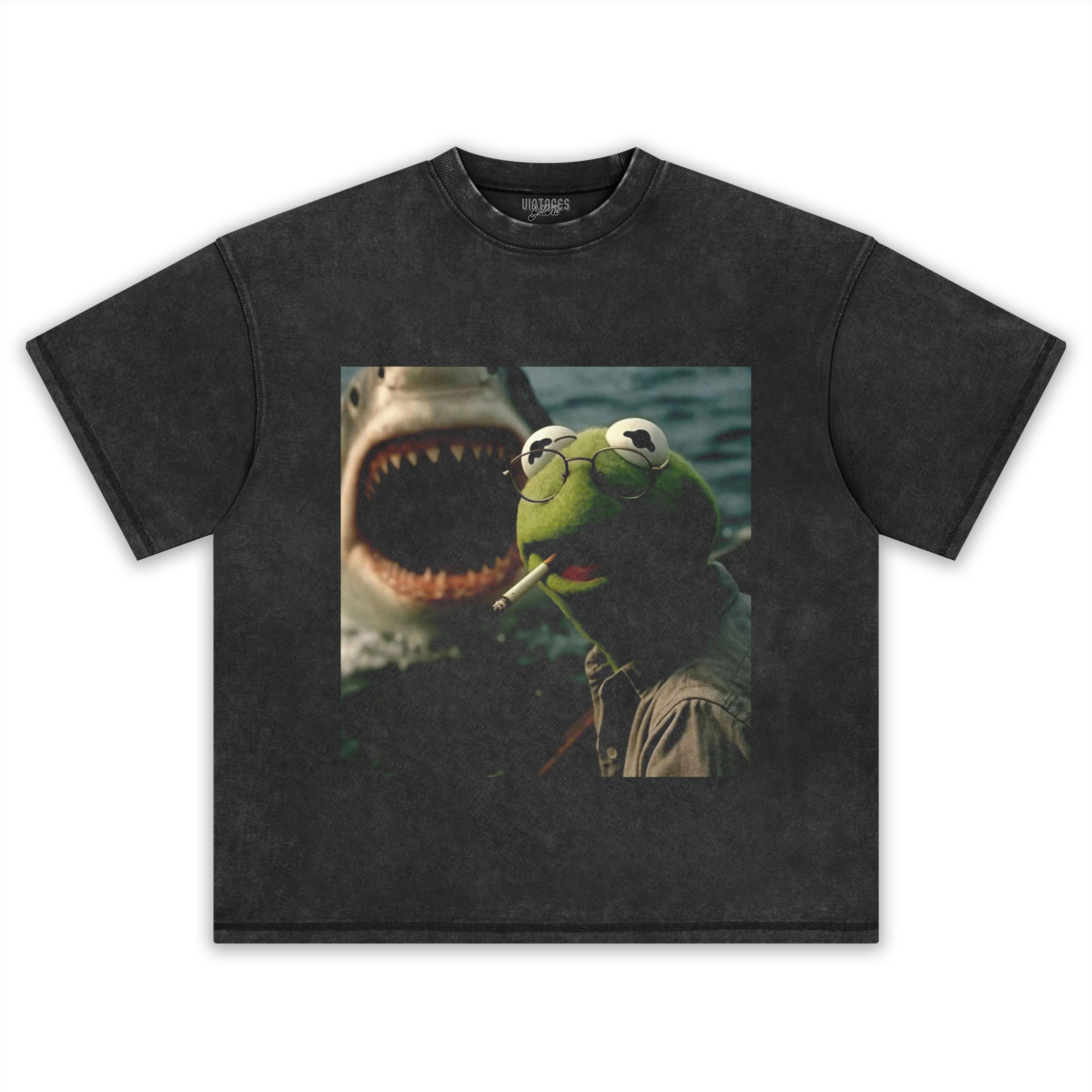 CHILL FROG PUPPET SMOKING WITH GIANT SHARK MEME TEE & LS & HOODIE - Image 2