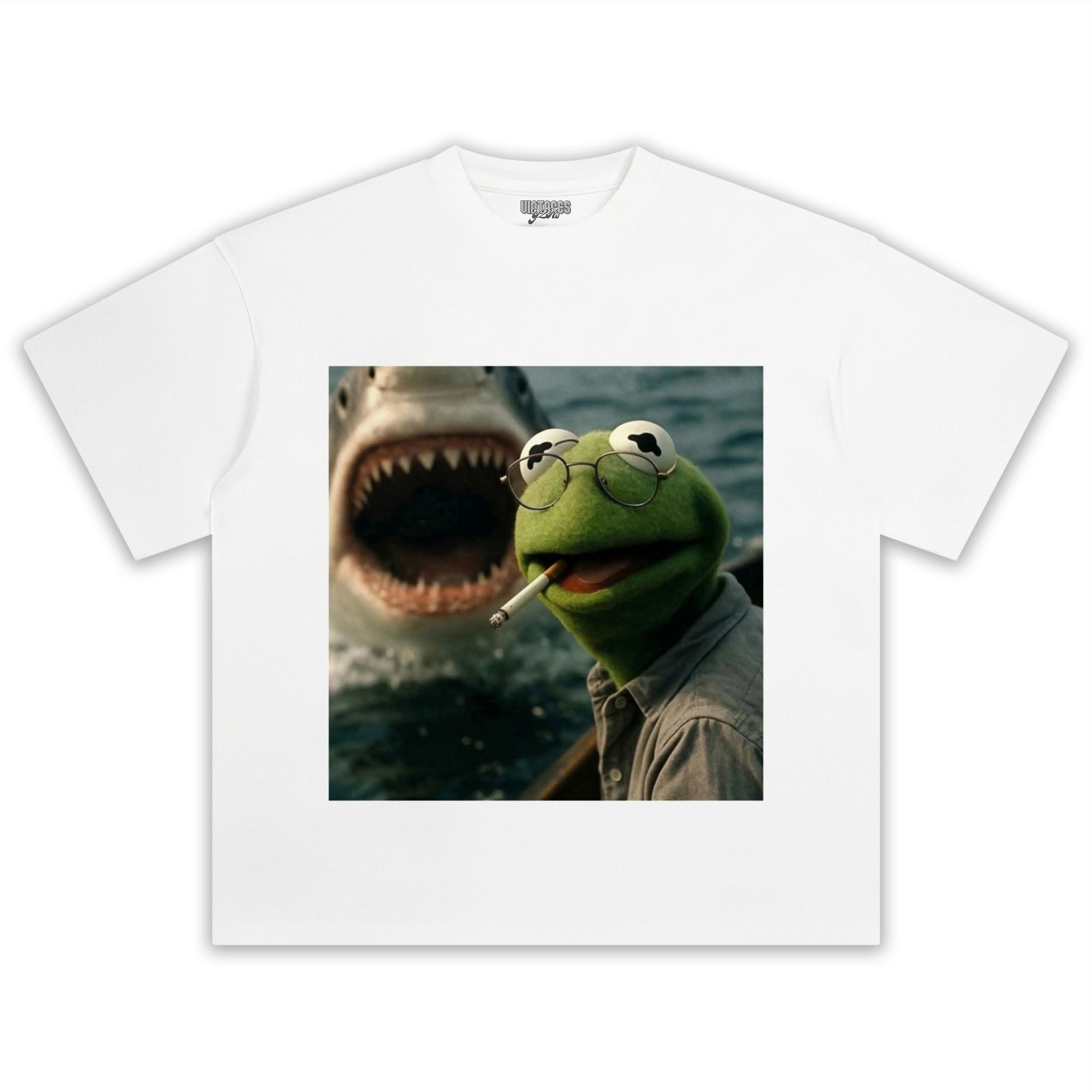 CHILL FROG PUPPET SMOKING WITH GIANT SHARK MEME TEE & LS & HOODIE - Image 3