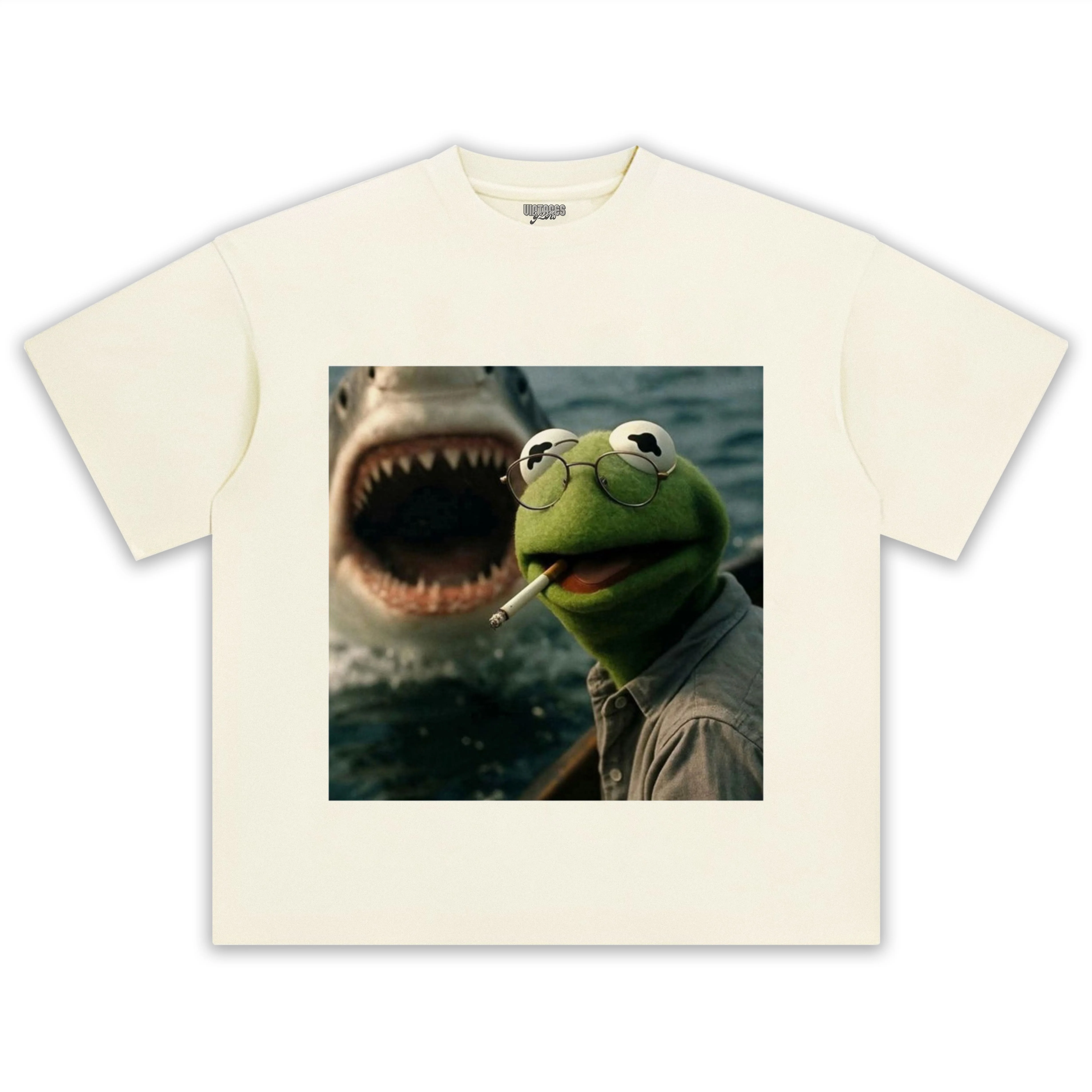 CHILL FROG PUPPET SMOKING WITH GIANT SHARK MEME TEE & LS & HOODIE - Image 4