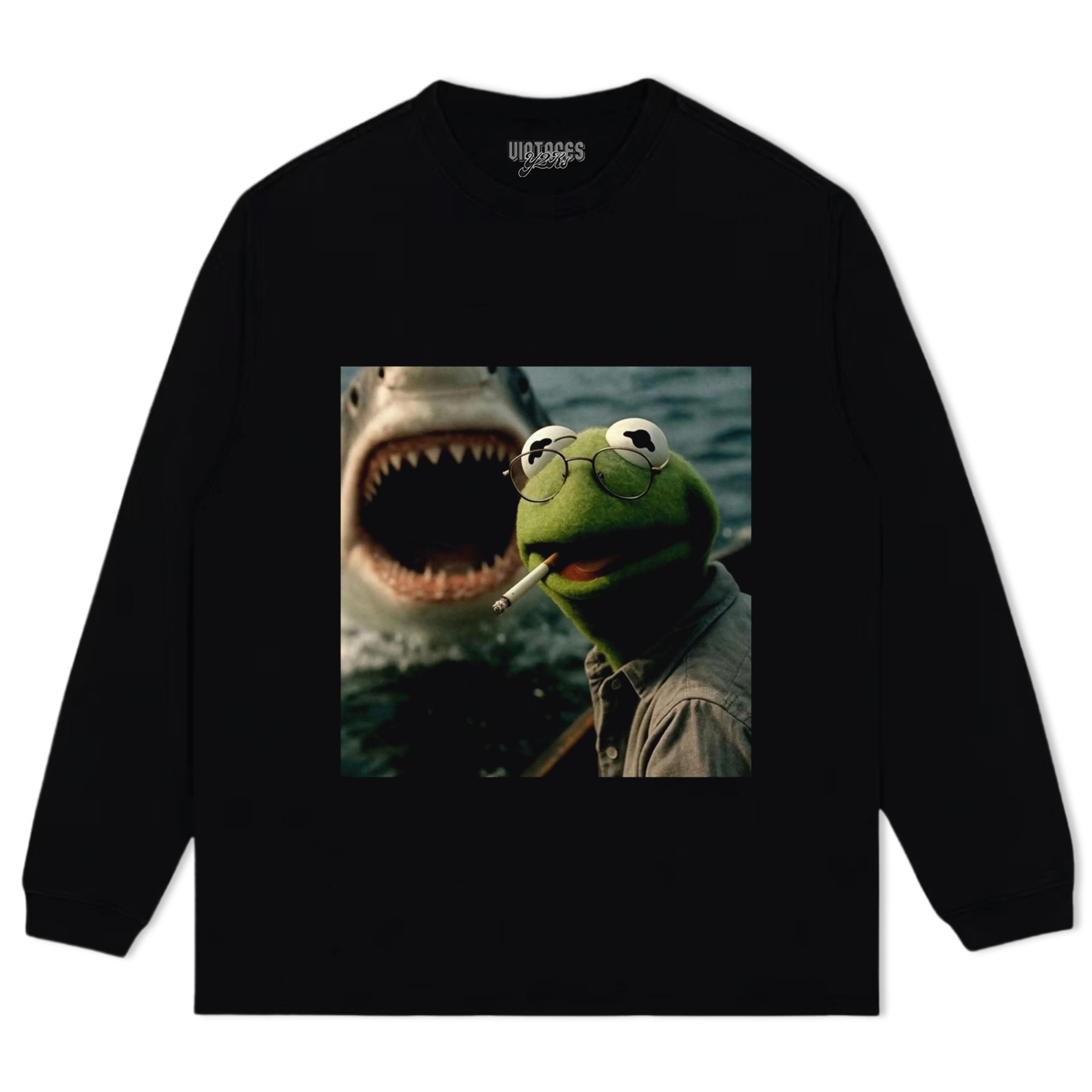 CHILL FROG PUPPET SMOKING WITH GIANT SHARK MEME TEE & LS & HOODIE - Image 5