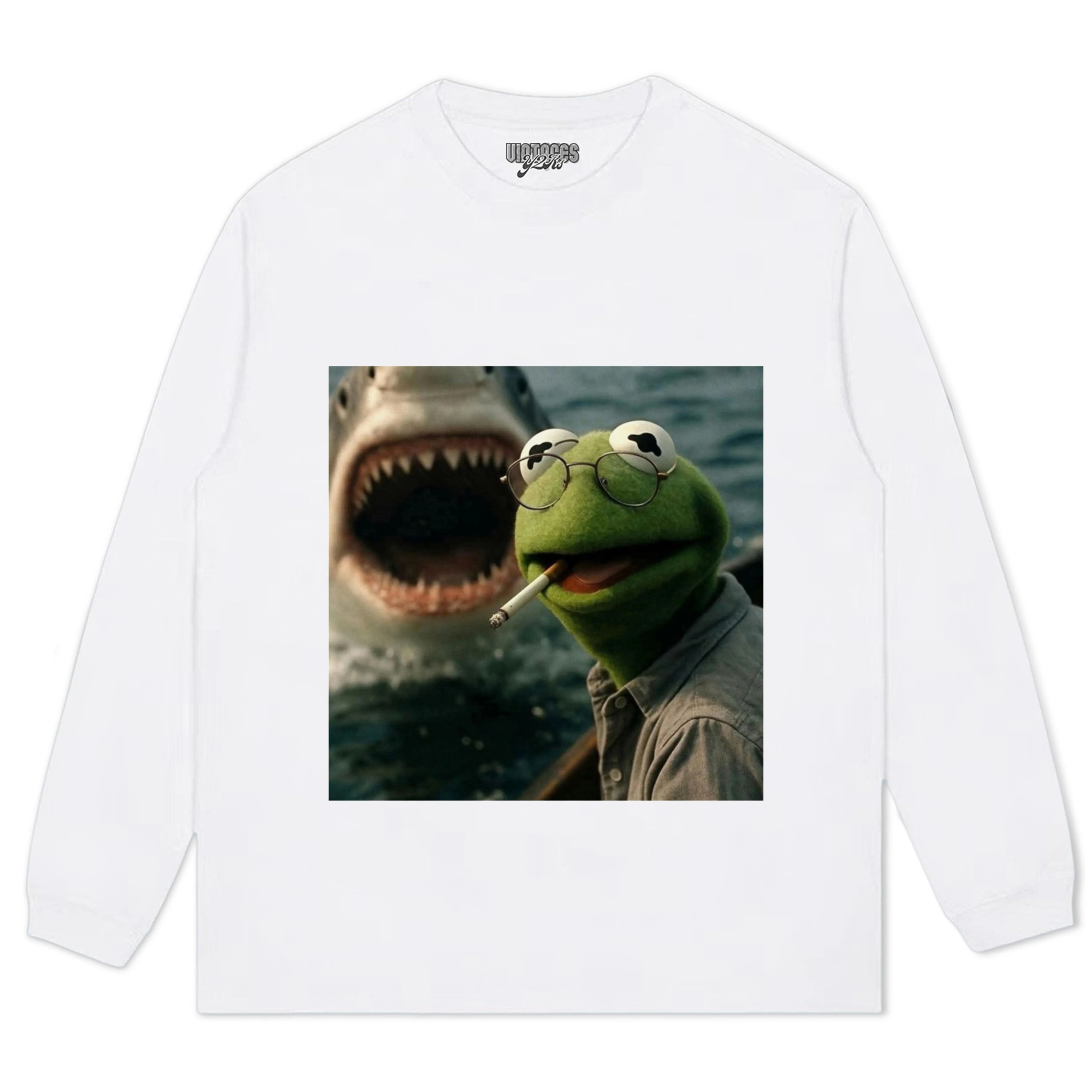 CHILL FROG PUPPET SMOKING WITH GIANT SHARK MEME TEE & LS & HOODIE - Image 7