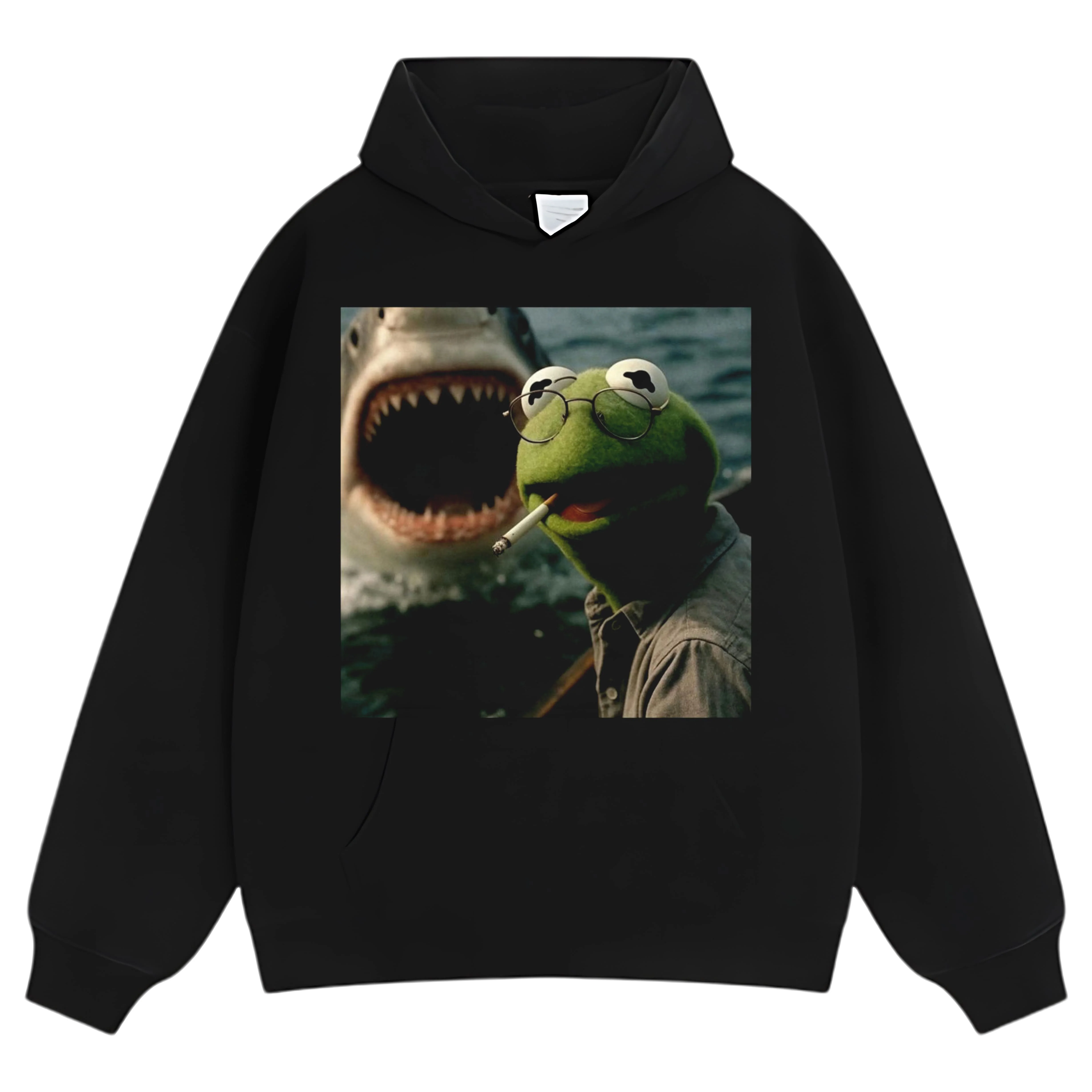 CHILL FROG PUPPET SMOKING WITH GIANT SHARK MEME TEE & LS & HOODIE - Image 8